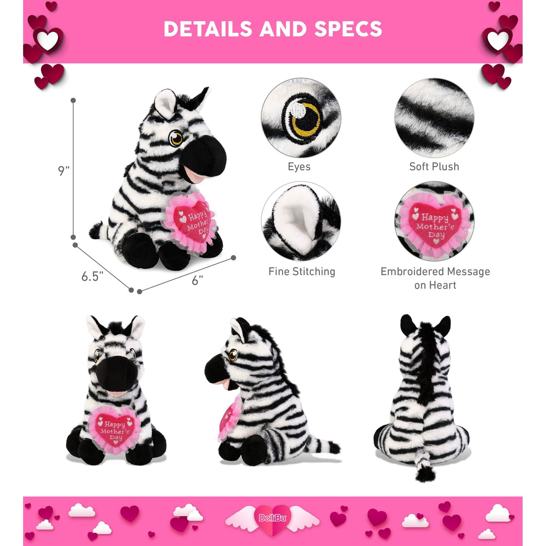 Plush Zebra with Pink Heart 9 Inches Black White