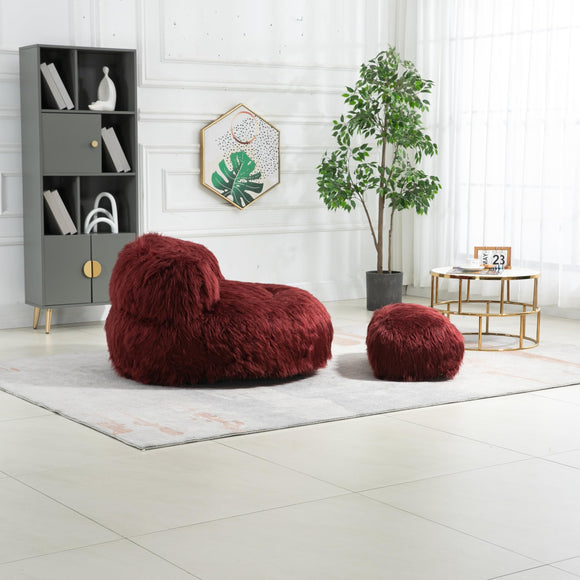 Bean Bag Chair Fur Lazy Sofa with Ottoman Memory Sponge for Living Room Bedroom Apartment Wine Red Red Solid Modern Contemporary Foam Includes Hardware Padded Seat