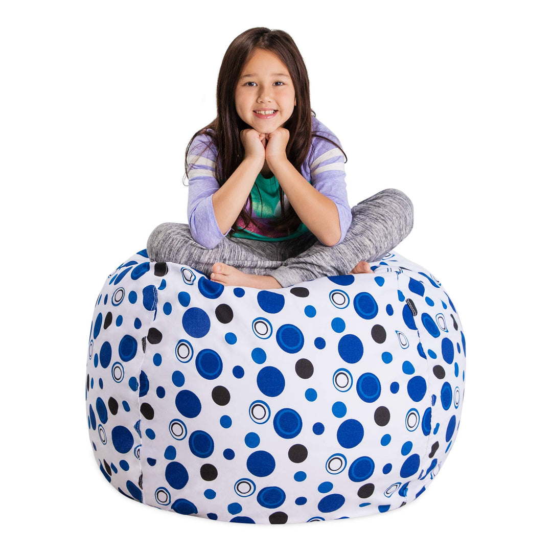 Posh Stuffable Kids Stuffed Animal Storage Bean Bag Chair Cover - Childrens Toy Organizer, Large 38" - Canvas Bubbles Blue and White