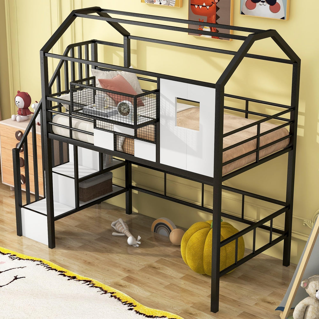 Stairway Twin Size House Loft Bed with Stairs and Storage Box Black