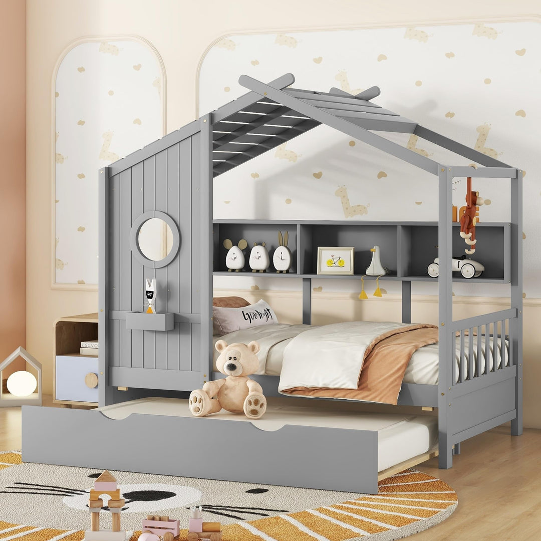 Twin Pine Wood House Bed with Trundle Bookcase Storage Roof Semi-Enclosed Design for Kids Girls Boys Grey Modern Contemporary Unisex Nature Natural Finish