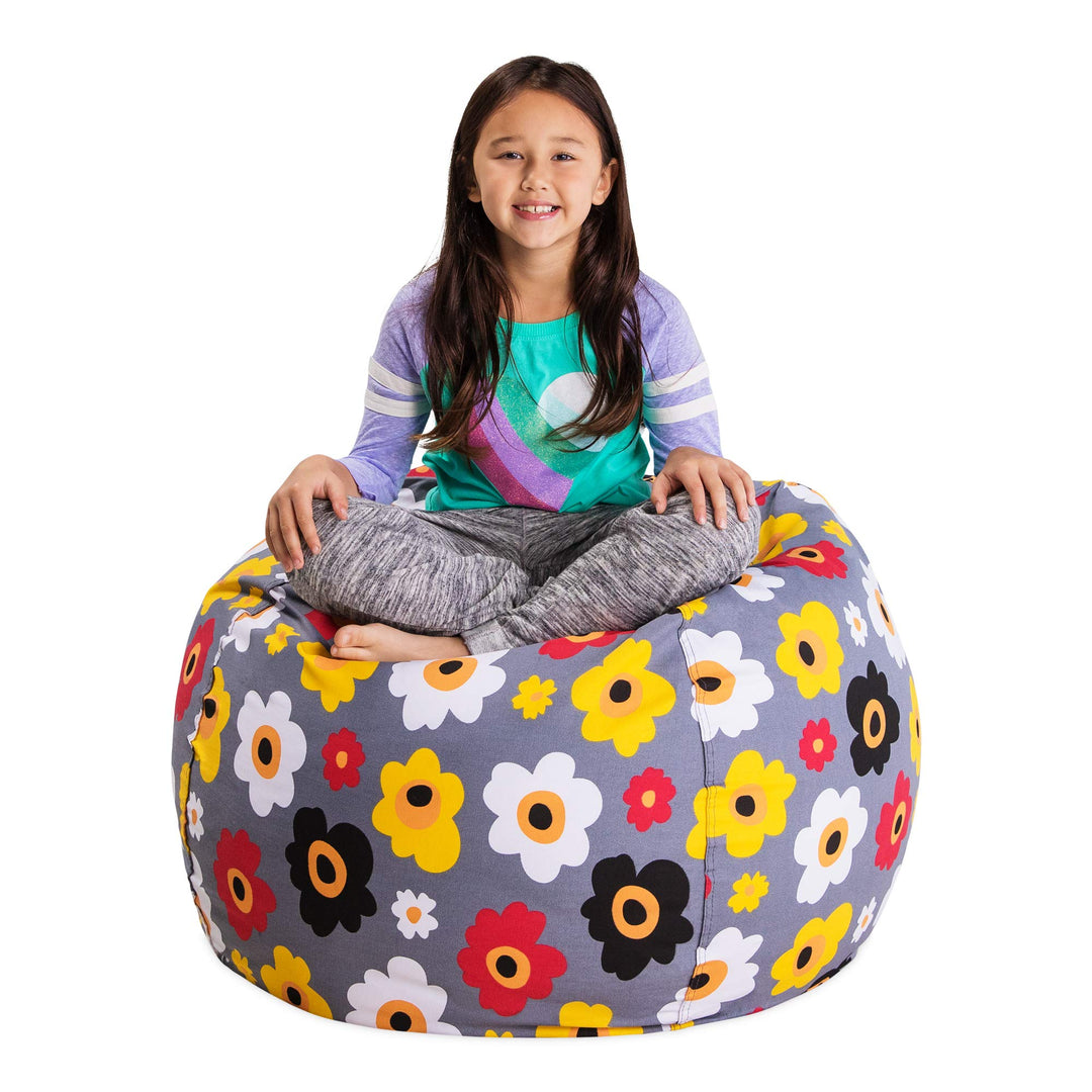 Posh Stuffable Kids Stuffed Animal Storage Bean Bag Chair Cover - Childrens Toy Organizer, Large 38" - Canvas Multicolored Flowers on Gray