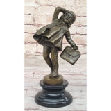 Girl Child Going to School W/Book Bag Bronze Sculpture On Marble