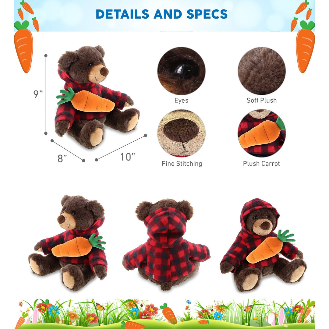 Happy Easter Plush Brown Bear with Red Plaid Hoodie and Carrot 10