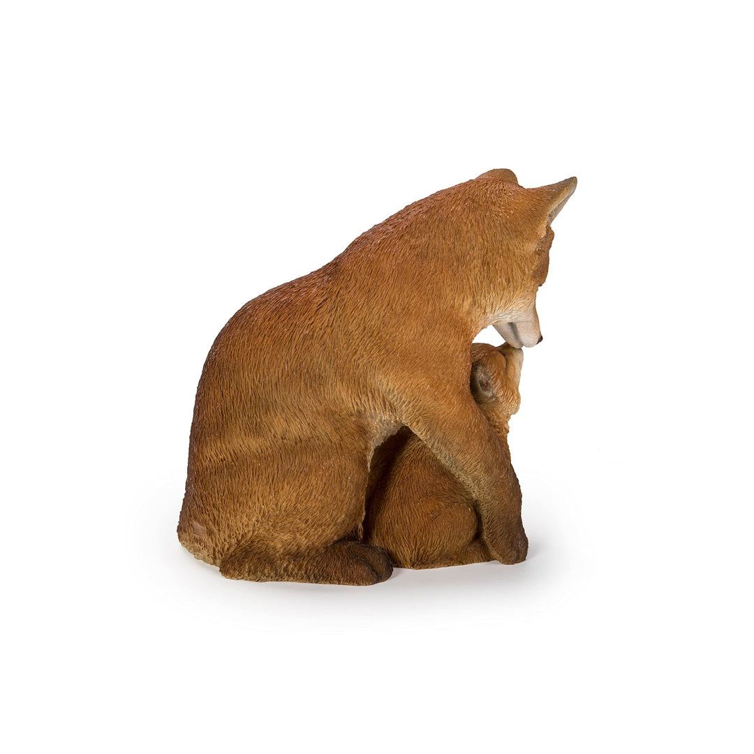 Cuddling Mother and Baby Fox Garden Statue Brown
