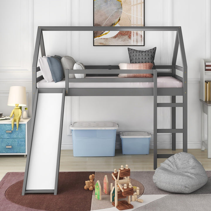 Wood Twin Size Loft Bed with Slide Ladder Solid Loftbeds Frame