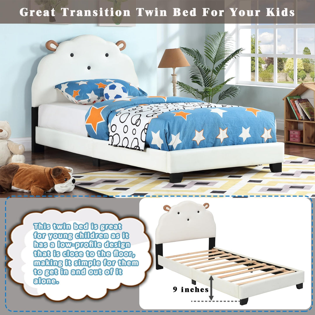 Upholstered Platform Bed for Kids with Slatted Base White Modern