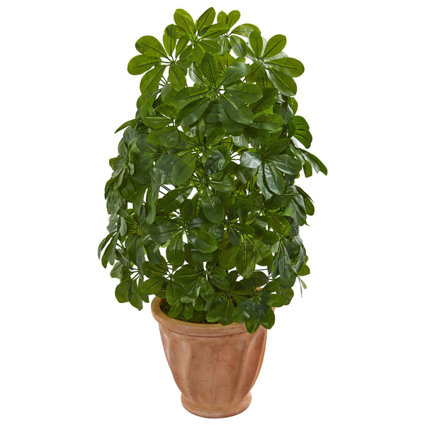 Nearly Natural Baby Schefflera Artificial Terra Cotta Planter (Real Touch) Silk Plants Green