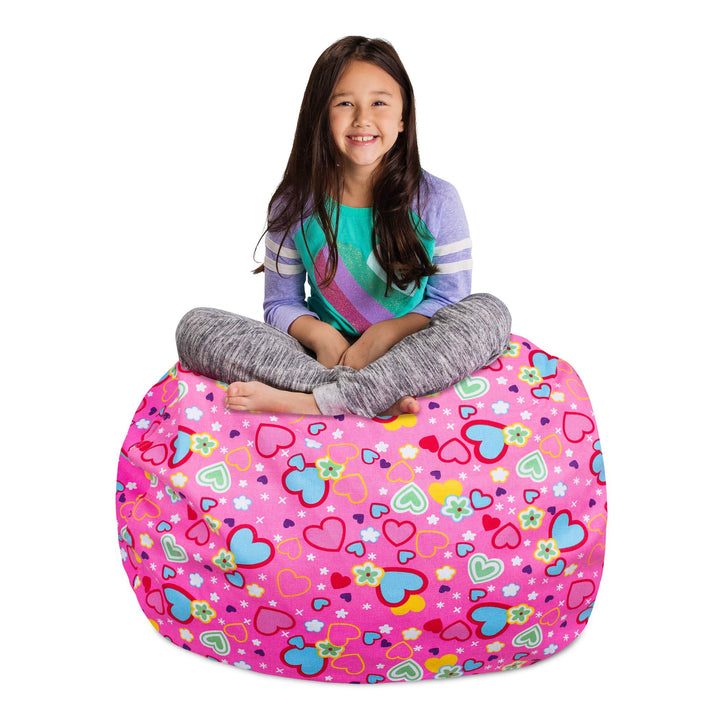 Posh Stuffable Kids Stuffed Animal Storage Bean Bag Chair Cover - Childrens Toy Organizer, Large-38 - Canvas Multi-Colored Hearts on Pink