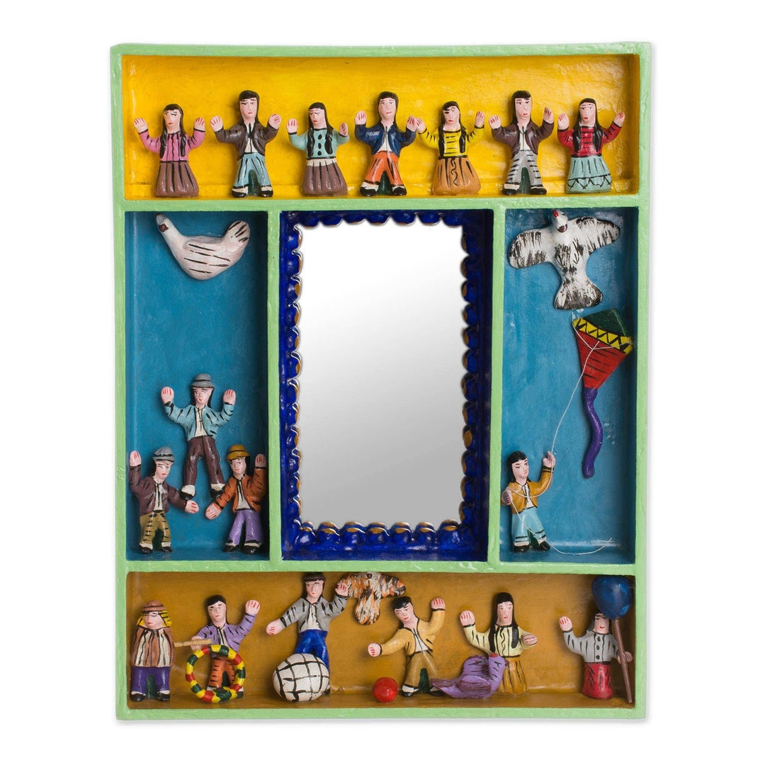 Handmade Children at Play Wood Wall Mirror (Peru) 10.75" H X 8.5" W 1.4" D Blue Country