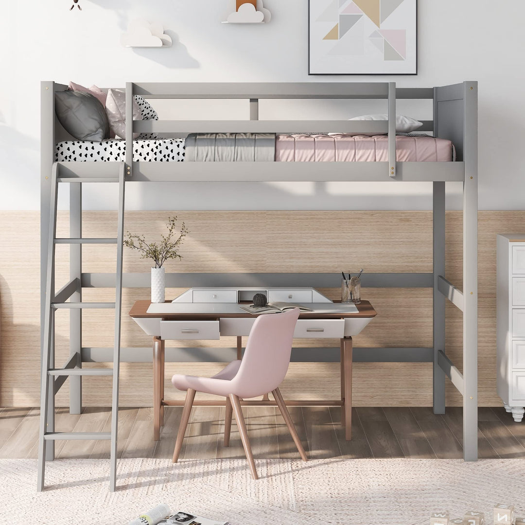 Wooden Loft Bed Twin Size Solid Wood High Frame with Ladder Safety