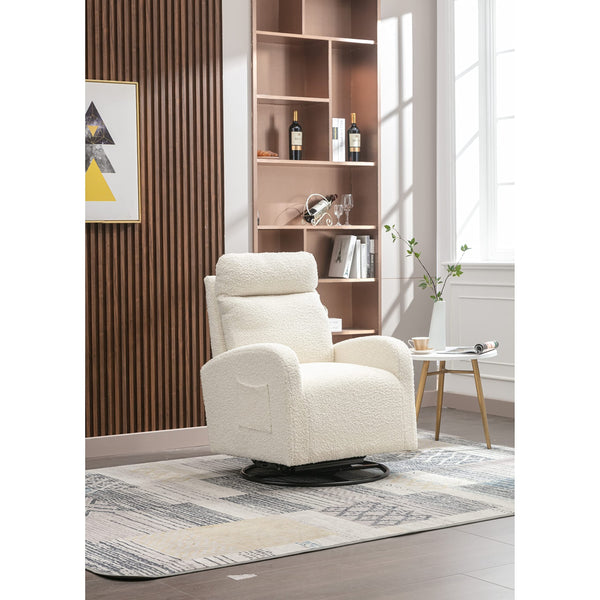 Modern Style Upholstered Swivel Glider Rocking Chair Single Sofa for Nursery One Left Bag Metal Base White Solid Mid-Century Pattern Polyester Finish