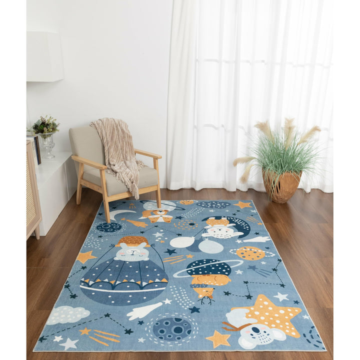 Kids Collection Stars Planets Cheerful Animals Navy Rug 5'x'7' 5" X 7"