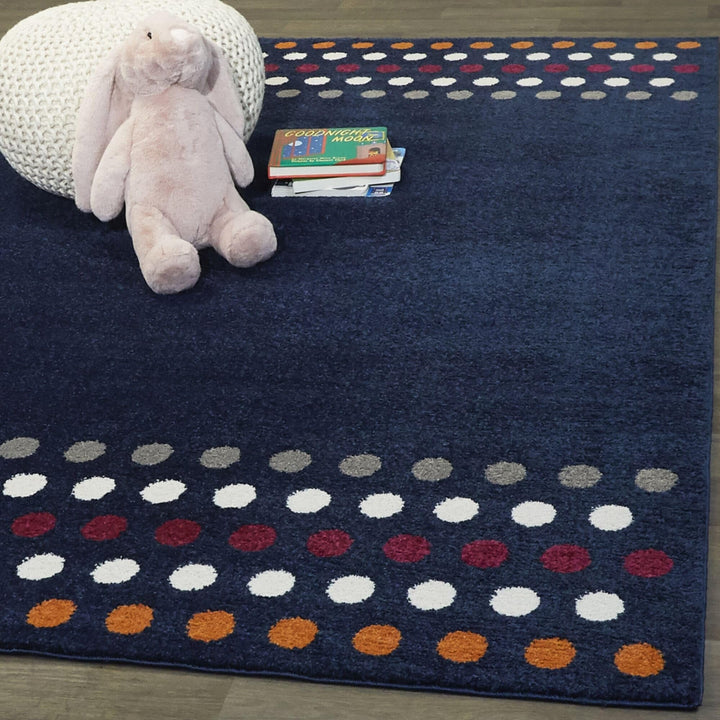 BALTA Mod-Tod Rainbow Polka Dots Border Kids Area Rug Navy 7'10" x 10' Dots, Geometric, Border 8' x 10'