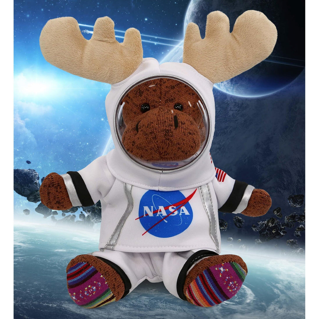 Sitting Brown Moose Astronaut with Helmet and Suit 11 Inches White