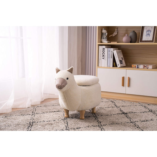 Llama Kids Indoor Storage Ottoman Off/White Transitional Round Fabric