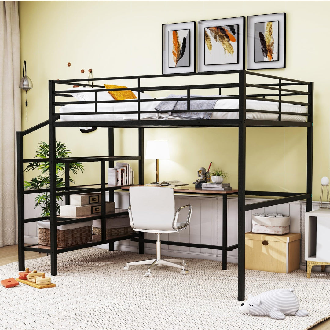 Full Size Loft Bed with Desk Heavy Duty Metal Shelves Frame for Kids