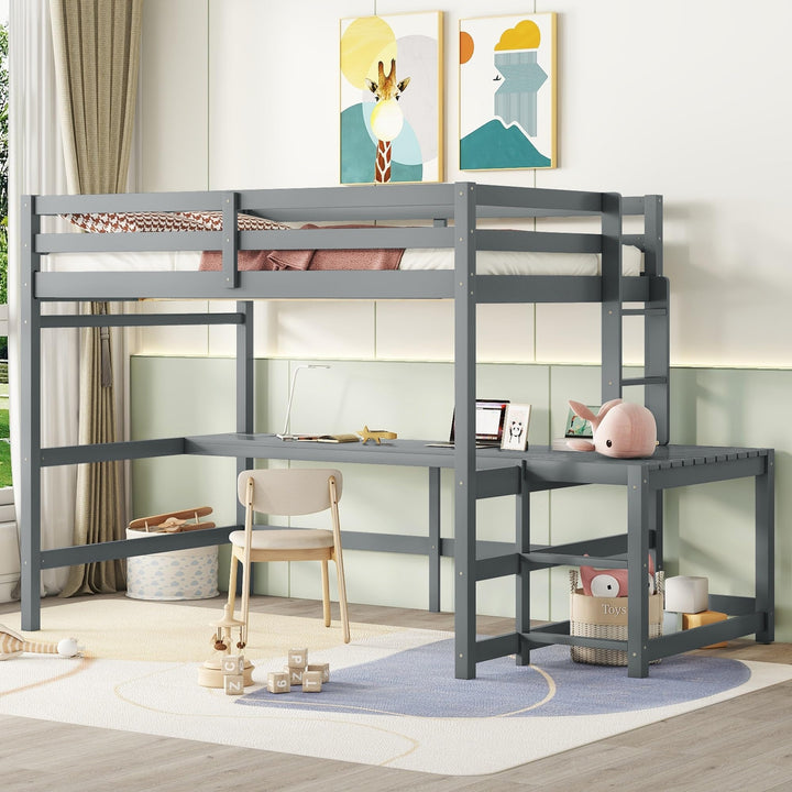 Full Size Pine Wood Loft Bed Frame with Built-in Desk Ladders Guardrails for Kids Girls Boys No Need Spring Box Grey Modern Contemporary Unisex Nature Natural Finish