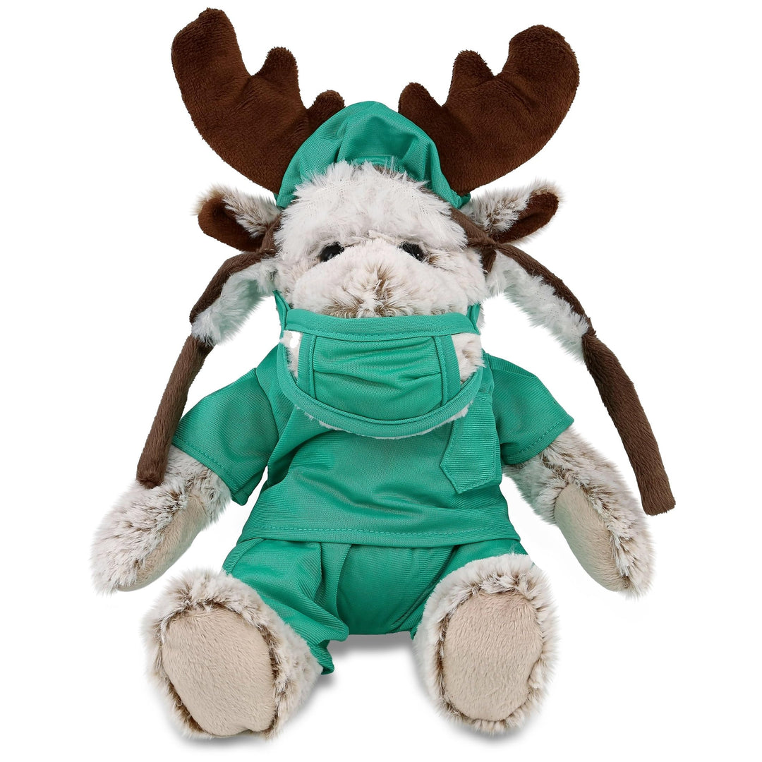 Moose Doctor Plush with Clothes Toy Scrub Uniform and Cap 9 Inches Brown Green Polyester