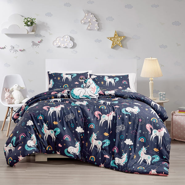 Jaba Unicorn Print Comforter Set for Girls, Blue Pink Rainbow Printed Kids Bedding Down Alternative Full Comforter All Seasons, Pillow Sham, Unicorn Toy Pillow Home Decor Bedroom (Unicorn, Full XL)