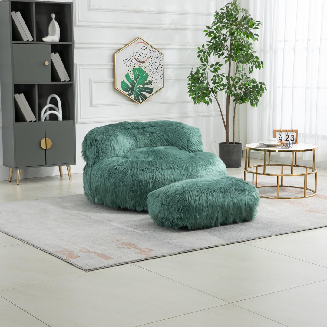 Bean Bag Chair Fur Lazy Sofa with Ottoman Green Solid Modern