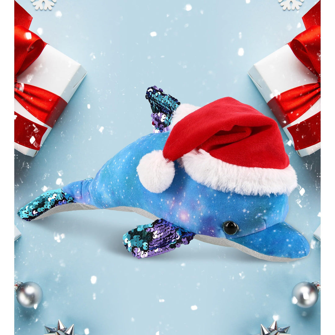 Santa Space Sequin Dolphin Stuffed Animal Plush with Hat 12 Inches