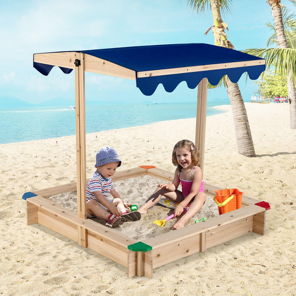 Kids Wooden Sandbox with Height Adjustable Rotatable Canopy Playset Brown