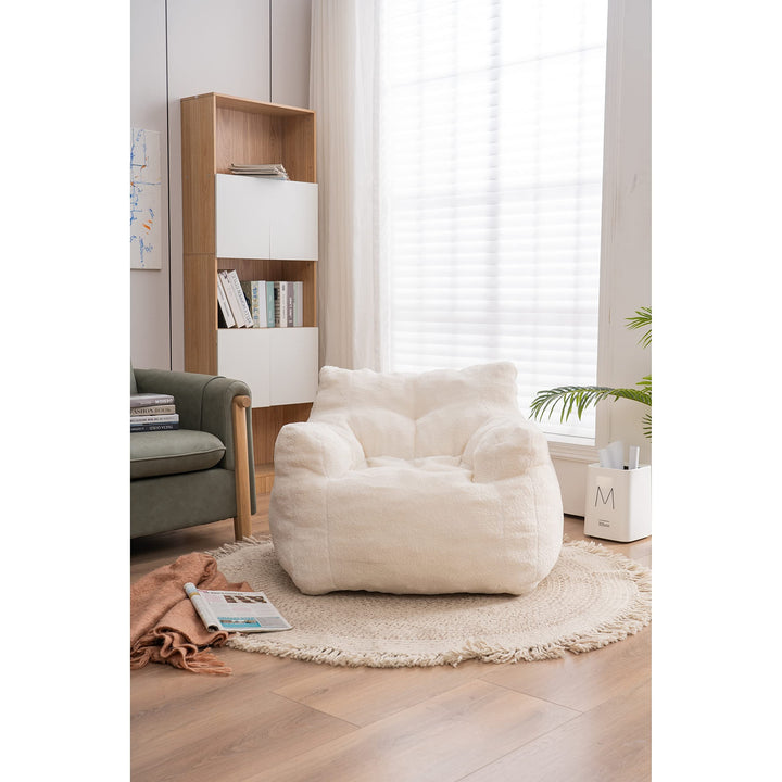 Modern Soft Tufted Foam Bean Bag Chair Lounge Chairs Lounges with Teddy Fabric Ivory Solid Casual Transitional Pattern Padded Seat