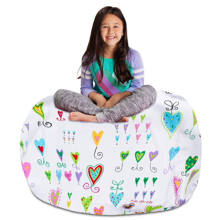 Posh Stuffable Kids Stuffed Animal Storage Bean Bag Chair Cover - Childrens Toy Organizer, X-Large-48 - Canvas Multi-Colored Hearts on White