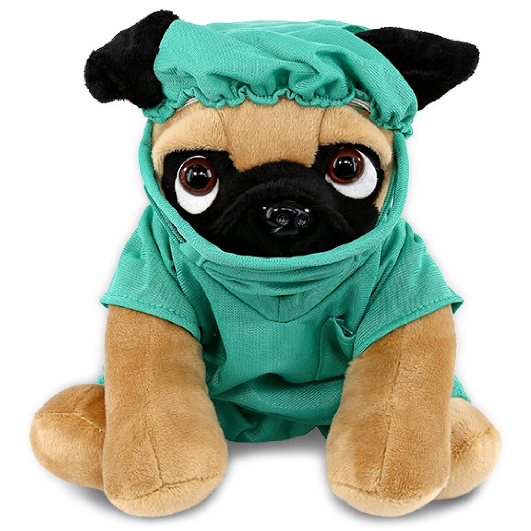 Pug Dog Doctor Plush with Cute Scrub Uniform and Cap Outfit 8 Inches Black Brown Green Polyester