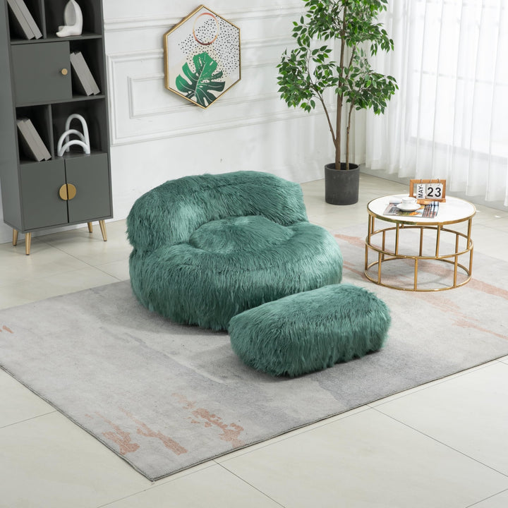 Bean Bag Chair Fur Lazy Sofa with Ottoman Green Solid Modern