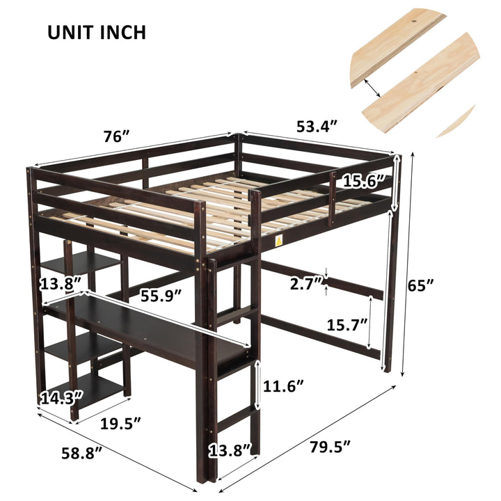 Full Size Pine Wood Loft Bed Frame with Built-in Desk Kids Ladder