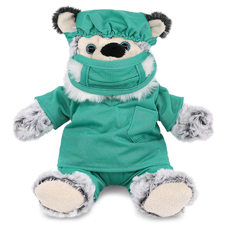 Sitting Husky Doctor Plush Toy with Cute Scrub Uniform and Cap 9 Inches Green Grey Polyester