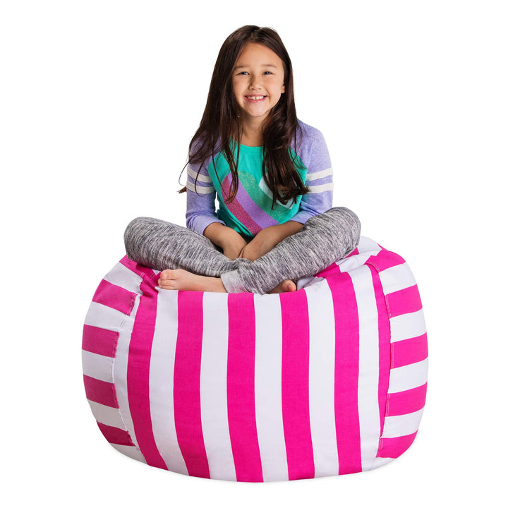 Posh Stuffable Kids Stuffed Animal Storage Bean Bag Chair Cover - Childrens Toy Organizer, Large 38" - Canvas Stripes Pink and White