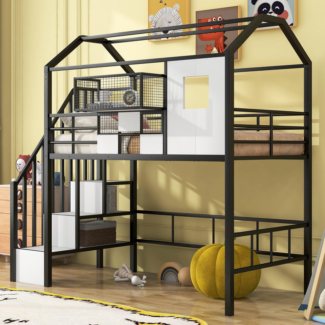 Stairway Twin Size House Loft Bed with Stairs and Storage Box Black Metal Roof Design for Kids Teens Boys Girls Casual Modern Contemporary Unisex Nature Space