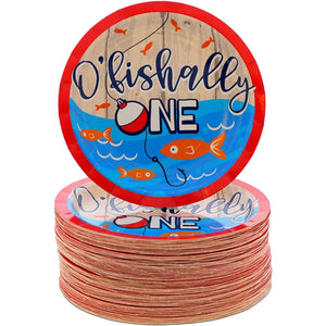 O'fishally One Paper Plates For 1st Birthday Party (7 Inches 80 Pack) Blue Animal Casual Round Wood