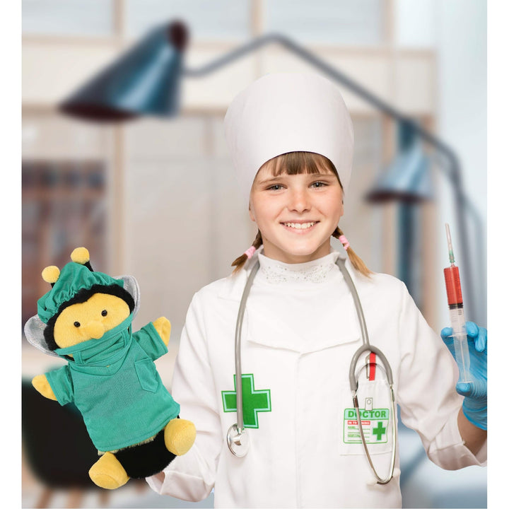 Honeybee Hand Puppet Doctor Plush with Scrub Uniform and Cap 10 Inches Black Green Yellow Polyester