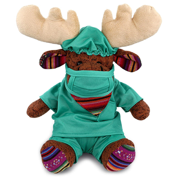 Sitting Brown Moose Doctor Funky Plush W/Scrub Uniform Cap 11 Inches Green Polyester