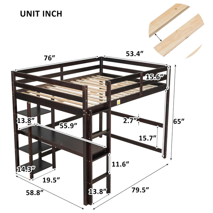 Full Loft Bed Pine Kids with Desk Shelves and Ladder Black Modern