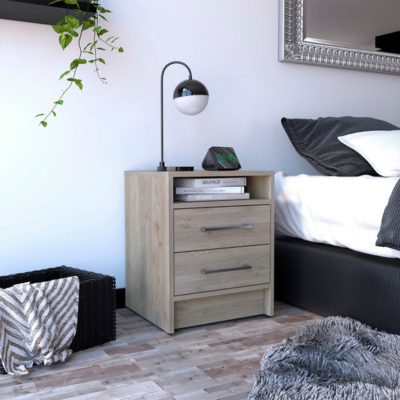 Grey Particle Board Bedside Table with Double Drawer and Open Shelf Nightstand Modern Contemporary Wood Finish