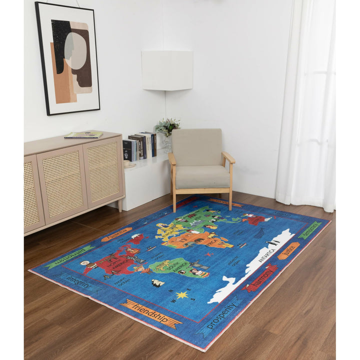 Kids Collection Discover The World Navy Area Rug 5'x'7' 5" X 7" Blue