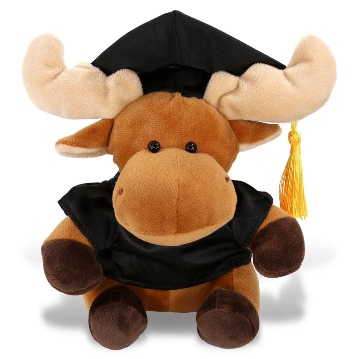 Moose Graduation Plush Toy with Gown and Cap Tassel 6 Inches Black Brown Polyester