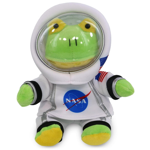 Sitting Green Frog Astronaut Plush with Helmet and Suit 6 Inches White Polyester