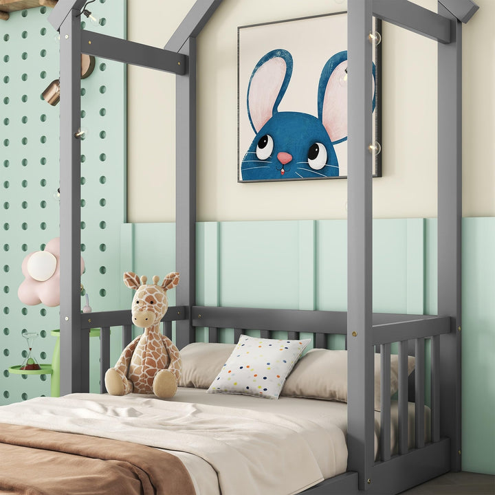 win Size Bed Kids House Frame Floor Wooden Grey Modern Contemporary