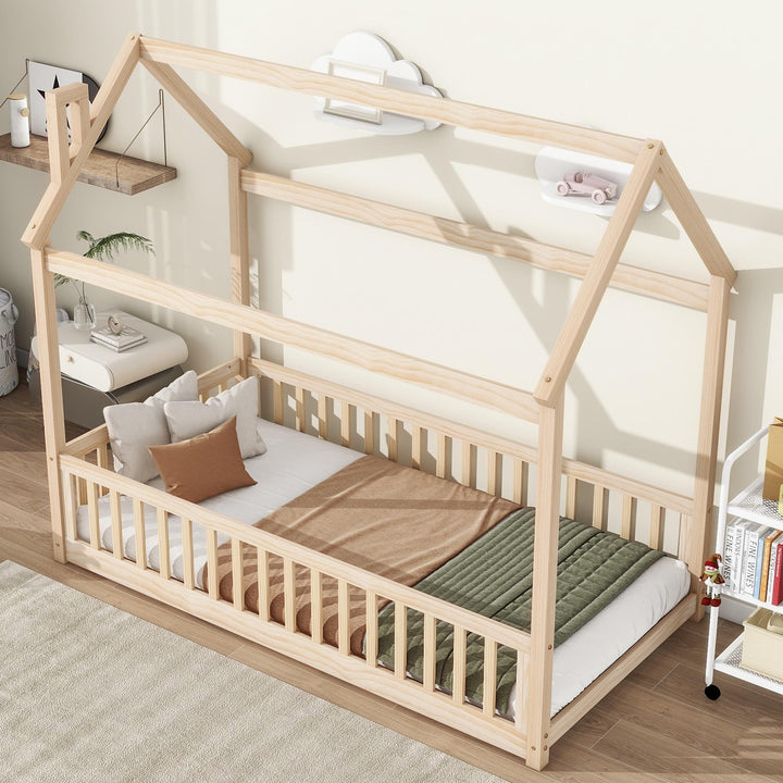 Modern Twin Size Pine Wood House Bed Frame with Guardrails Slats for Kids Girls Boys No Need Spring Box Natural Contemporary Unisex Nature Finish