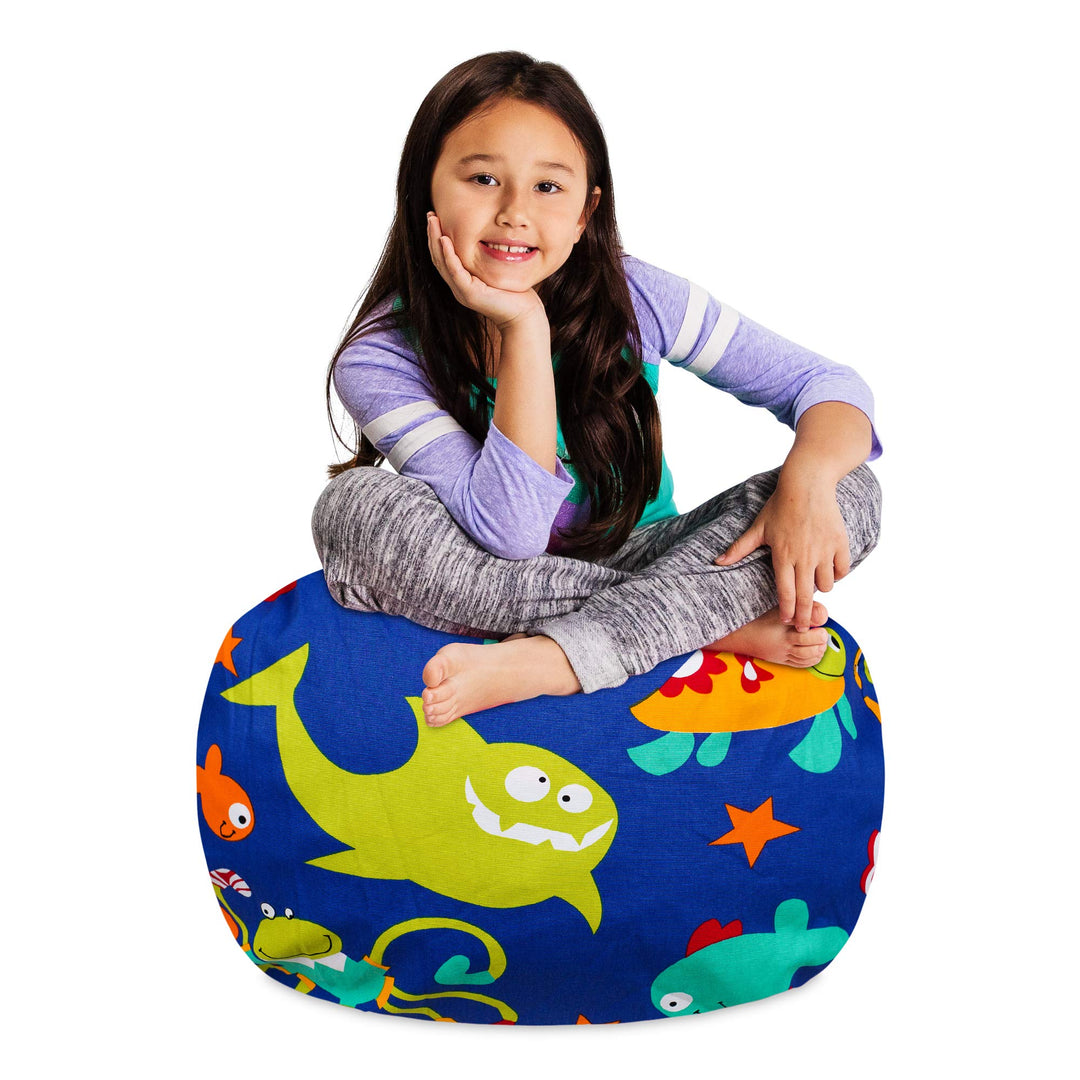 Posh Stuffable Kids Stuffed Animal Storage Bean Bag Chair Cover - Childrens Toy Organizer, Medium-27 - Canvas Sea Creatures on Blue