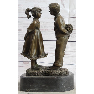 First Kiss Love Romance Children Bronze Sculpture Figure On Heart Shaped Marble Base Brown Finish Handmade