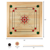 Hey! Play! Carrom Board Game - Wooden Strike and Pocket Game Set with Group of Black and Beige Coins, 2 Red Queen Coins, Striker Coin, and Cue Sticks, Brown