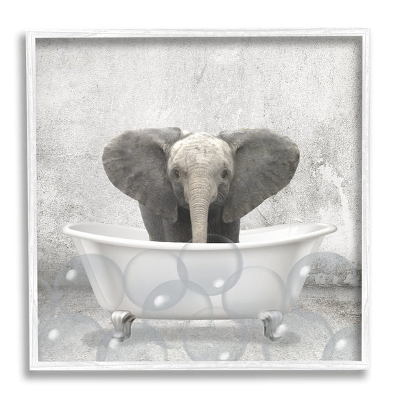 Baby Elephant Bath Time Cute Animal Design Framed Wall Art Modern Contemporary