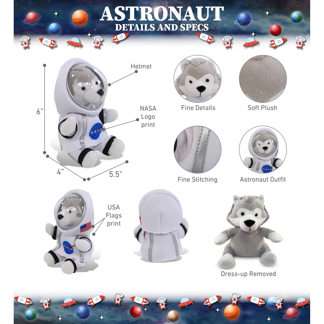 Grey Wolf Astronaut Plush Toy with Space Helmet and Suit 6 Inches